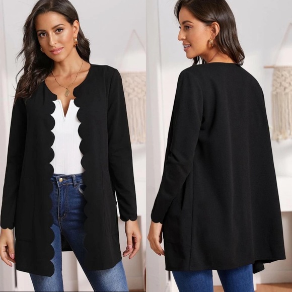 Collarless scalloped hem long line blazer jacket with pockets burgundy - Picture 3 of 6